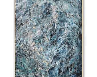 Marée émeraude, peinture abstraite, art mural océanique texturé, toile côtière de luxe, oeuvre d'art métallique moderne