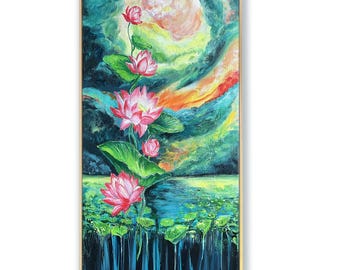 Quadro con loto rosa, arte floreale da parete, decorazione botanica, tela con ninfea, opera d'arte per la meditazione, arte tranquilla ispirata alla natura