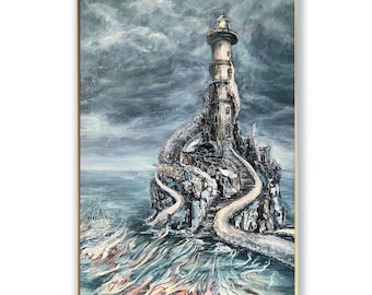 Dark Fantasy Leuchtturm Gemälde Sturm Meere Art Kraken Tentakel Ozean Wand Dekor Meer GemäldeOriginal