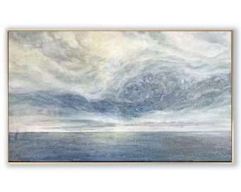 Ocean Wall Art Seascape Painting Abstract Seascape Blue Painting Cloud Painting Dramatic Sky Navy Blue Art Calming Artwork