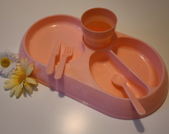Vintage baby dining station with pink divided dish, cup and utensils baby highchair dining set bright pink vintage baby toddler 1950' 60's