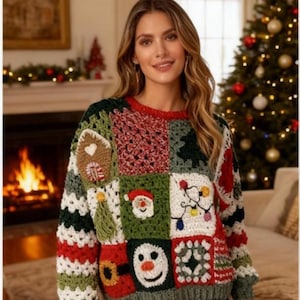May include: A colorful, patchwork Christmas sweater with a red crew neck. The sweater features squares with holiday-themed designs, including a gingerbread house, Santa Claus, a snowman, and Christmas lights. The sweater is made of a chunky, textured yarn.