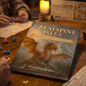 May include: A hardcover book titled "The Greatspine Isles: Explorer's Guide & Bestiary" featuring a dragon illustration. The book is open on a wooden table with dice, maps, and a lit candle, suggesting a tabletop role-playing game.