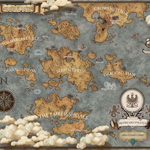 May include: A detailed fantasy map featuring islands, sea, and clouds. The map includes locations like Stormbreaker Isle, Serpent's Key, and Dragon's Maw. The text "Redbeard Pirates" is displayed on a banner, with a compass rose and a ship illustration.