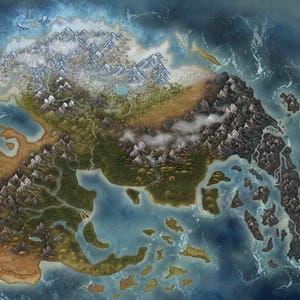 Könnte beinhalten: Illustrierte Karte einer Fantasiewelt mit Bergen, Wäldern, Flüssen und Küsten. Die Karte verwendet eine Farbpalette aus Blau-, Grün-, Braun- und Weißtönen. Die detaillierte Grafik erzeugt eine visuell ansprechende und immersive Darstellung der fiktiven Landschaft.