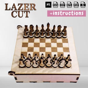 May include: A wooden laser-cut chess set with a light brown chessboard and dark brown chess pieces. The set includes the text "LAZER CUT" and "+ instructions". The chess pieces are arranged on the board, ready for play.