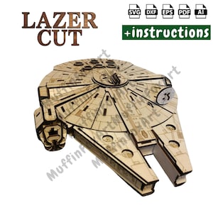 Può includere: Modello in legno tagliato al laser di un'astronave con dettagli intricati. Il modello è marrone chiaro e presenta il testo "LAZER CUT" e "+ instructions". L'astronave è un'icona della fantascienza.