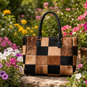 May include: A rectangular handbag featuring a patchwork design of black and brown cowhide panels. The bag has two black leather top handles, a top zipper closure, and gold-tone metal hardware accents at the base of the handles and bottom corners.