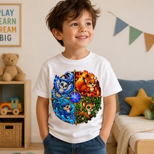 Peut inclure: Un t-shirt blanc à manches courtes avec un motif circulaire divisé en quatre quadrants. Chaque section présente un animal stylisé représentant un élément : un hibou bleu, un renard rouge, une loutre bleue et un cerf brun, centrés sur une étoile.