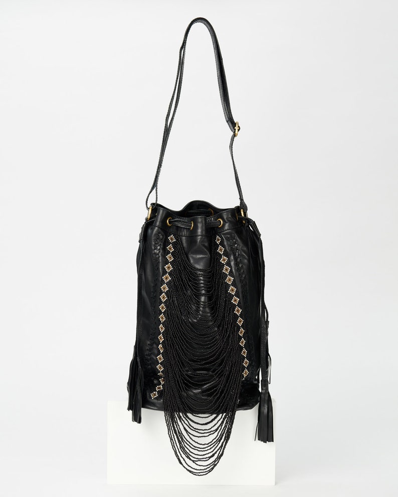 Large Beaded Leather Bucket Bag