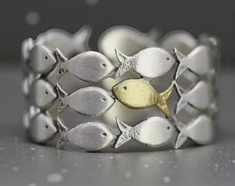 Swimming Against the Current Sterling Silver Ring - Adjustable Fish Design | Unisex Gift