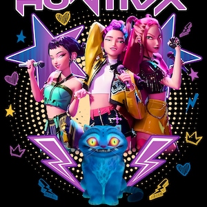 May include: Digital illustration featuring three stylized female figures holding microphones, with the word "HUNTRAX" above. A blue cartoon cat with glowing eyes is in the foreground. The background is black with star and lightning bolt graphics.