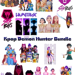 May include: A collection of colorful Kpop Demon Hunter Bundle graphics. The images include stylized illustrations of anime-style characters, logos, and text elements such as "SAI BOYS", "HUNTRAX", and character names. The overall theme is fantasy and pop culture.
