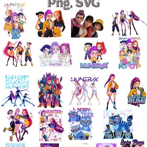 Peut inclure: Une collection de graphiques numériques mettant en vedette des personnages inspirés de la Kpop et le texte "900 Kpop Huntrix Demon Png, SVG." Les images présentent divers designs, notamment des figures stylisées, des chats de dessins animés et des éléments textuels tels que "Demon Hunters" et "Derpy Tiger."