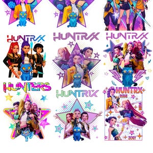 May include: A collection of Kpop Demon Huntrix stickers featuring stylized illustrations of a group of female characters. Each design includes the text "HUNTRX" and a star shape, with a blue cat and the text "10 + PNG".