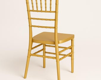 Silla Chiavari de resina dorada a la venta, ideal para bodas, decoración para eventos nupciales, sillas para banquetes formales y elegantes muebles para eventos.