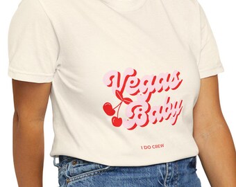 Vegas Baby "I Do Crew" T-Shirt for girls bachelorette trip to Las Vegas | cherry graphic, pink red lettering, XS to 4XL