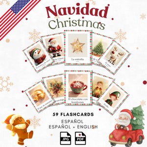 Christmas Spanish Flashcards | 59 Navidad Vocabulary Cards | Printable PNG + PDF | Spanish Only + Bilingual Español-English Versions