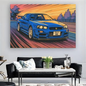 May include: A vibrant canvas print featuring a blue sports car speeding down a road. The artwork has a dynamic, comic book style with a colorful sunset backdrop. The license plate reads "T837 NWL".