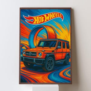 May include: A framed print featuring an orange Hot Wheels car with black accents, set against a vibrant backdrop of blue, orange, and yellow streaks. The Hot Wheels logo is displayed at the top.