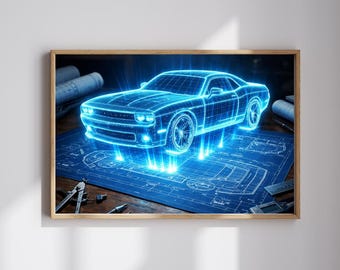 Holographic Car Blueprint Art, Futuristic Vehicle Design (Digital Download)