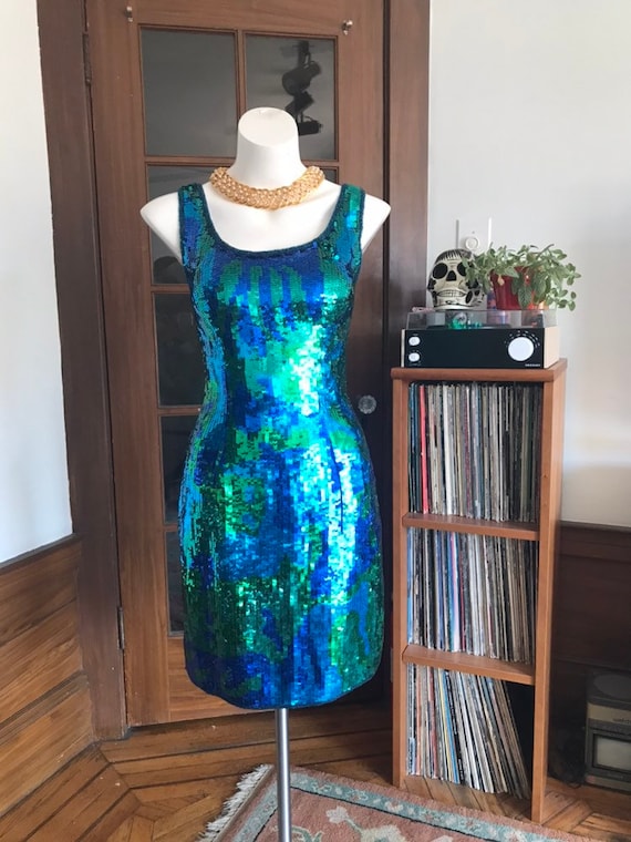 Blue and green sequin 90's cocktail dress