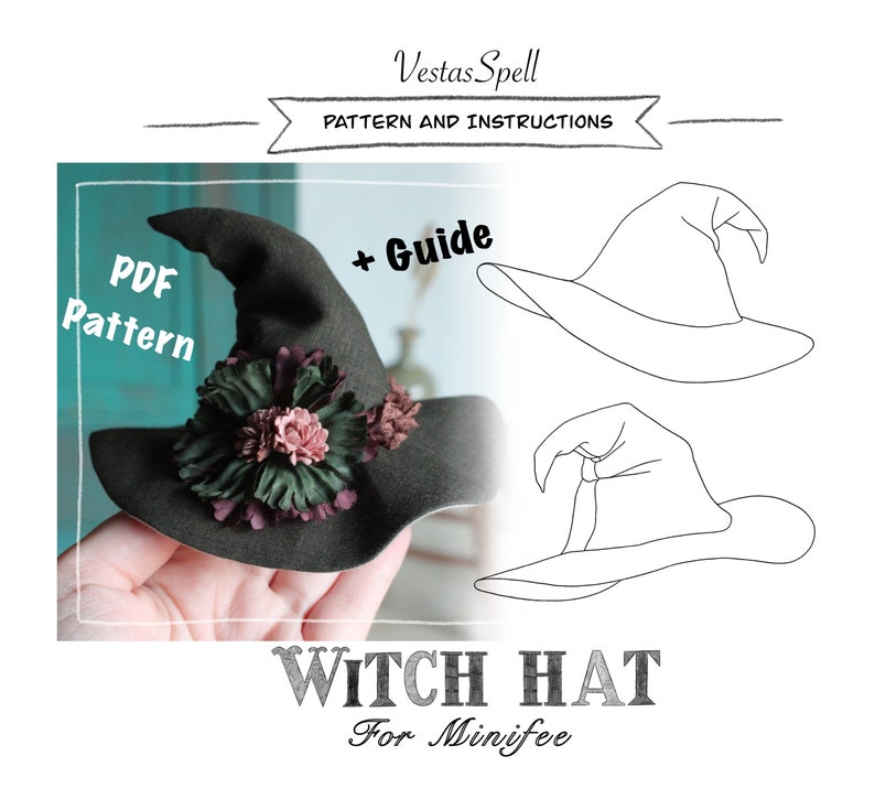 Minifee witch hat Printable PDF pattern and tutorial bjd sewing pattern image 1