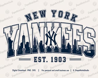 Op de New York Yankees geïnspireerde varsity PNG SVG | Honkbalontwerp skyline NYC | Digitale download New York-fan | Varsity-teamshirtontwerp