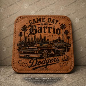 May include: A brown leather coaster with a detailed graphic of a vintage truck, the Los Angeles skyline, and the words "Game Day in the Barrio" and "Dodgers." Includes the text "EST. 1883" and "Chavez Ravine 1958."