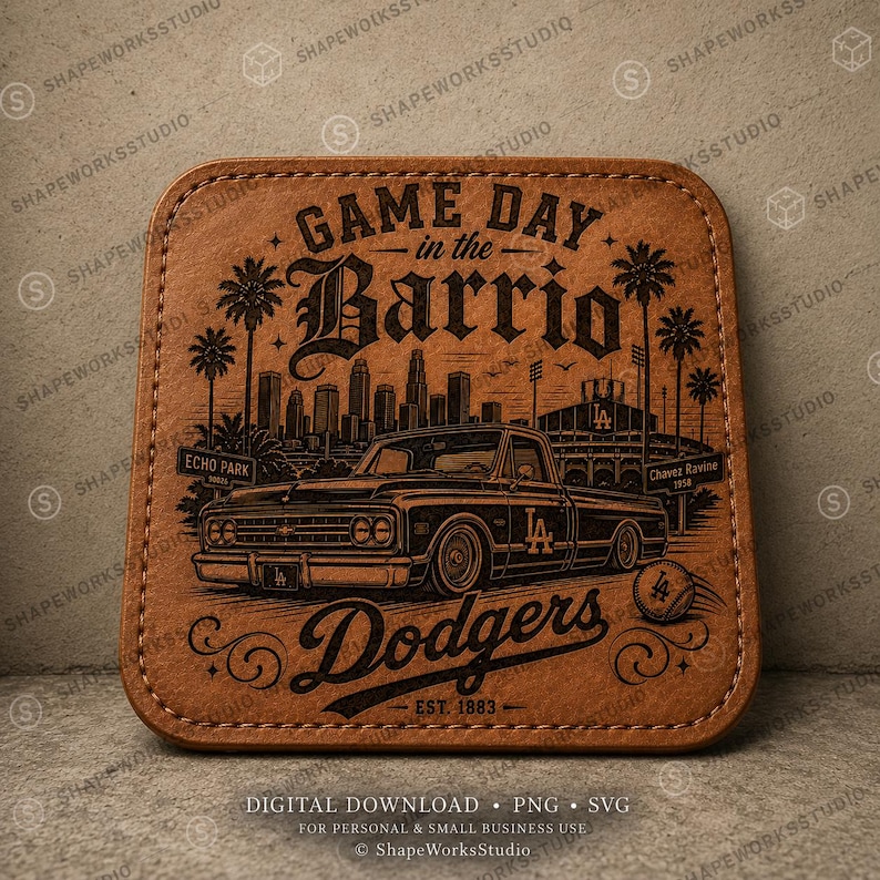 May include: A brown leather coaster with a detailed graphic of a vintage truck, the Los Angeles skyline, and the words "Game Day in the Barrio" and "Dodgers." Includes the text "EST. 1883" and "Chavez Ravine 1958."
