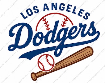 Könnte beinhalten: Digitales Grafikdesign mit den Wörtern "LOS ANGELES" in Blau und dem Wort "Dodgers" in blauer Schrift. Ein roter Baseball und ein brauner Baseballschläger sind ebenfalls enthalten. Digitaler Download.