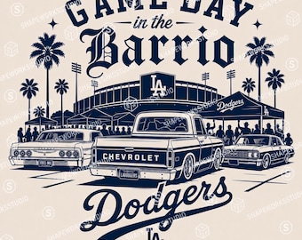 Game Day in de Barrio Dodgers geïnspireerd op SVG-PNG | Chicano lowrider achterklepontwerp | Digitale download LA Stadium Truck & Impala