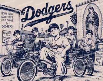 Sandlot Legends SVG PNG | Chicano Dodgers geïnspireerde digitale download | Barrio Lowrider Bike Art voor kinderen | Ontwerp muurschildering Virgencita