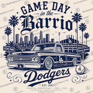 May include: A navy blue graphic featuring a vintage truck, palm trees, and the text "Game Day in the Barrio." The design includes the Los Angeles Dodgers logo, a baseball, and the words "Dodgers" and "Echo Park."