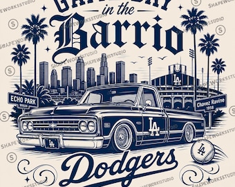 Dodgers inspiriert Lowrider Lifestyle PNG | LA Chicano Kultur Digitales Design | Spieltag im Barrio Shirt Grafik SVG | Baseball Grafiken