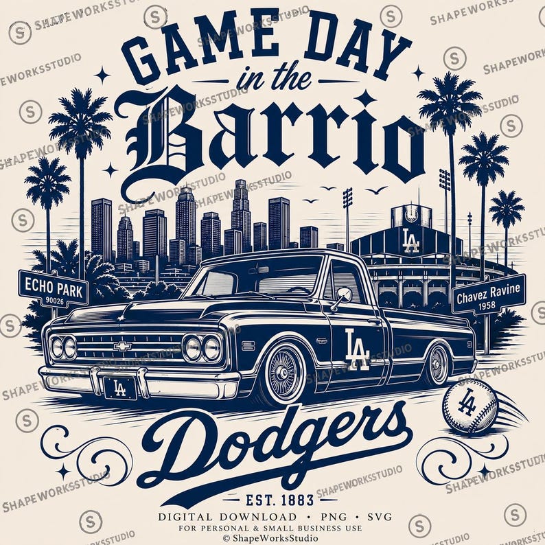 May include: A navy blue graphic featuring a vintage truck, palm trees, and the text "Game Day in the Barrio." The design includes the Los Angeles Dodgers logo, a baseball, and the words "Dodgers" and "Echo Park."