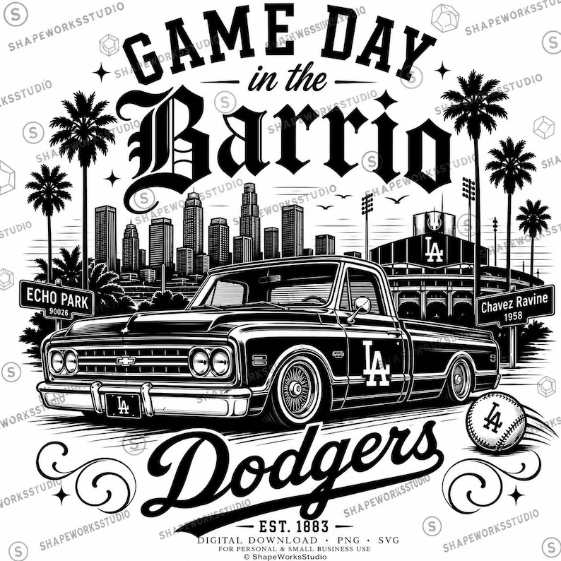 May include: Black and white graphic featuring a vintage pickup truck with the text "Game Day in the Barrio" and "Dodgers." The image includes palm trees, a cityscape, a baseball, and the Dodgers' logo.