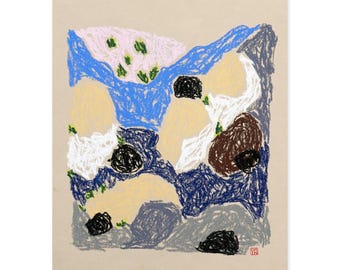 Original Abstract Pastel Drawing on Beige Paper, 29.5 x 34 cm