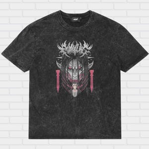 Eren Yeager acid wash t shirt featuring Attack Titan and Founding Titan Shingeki no Kyojin manga artwork printed on heavyweight vintage washed cotton anime streetwear tee.