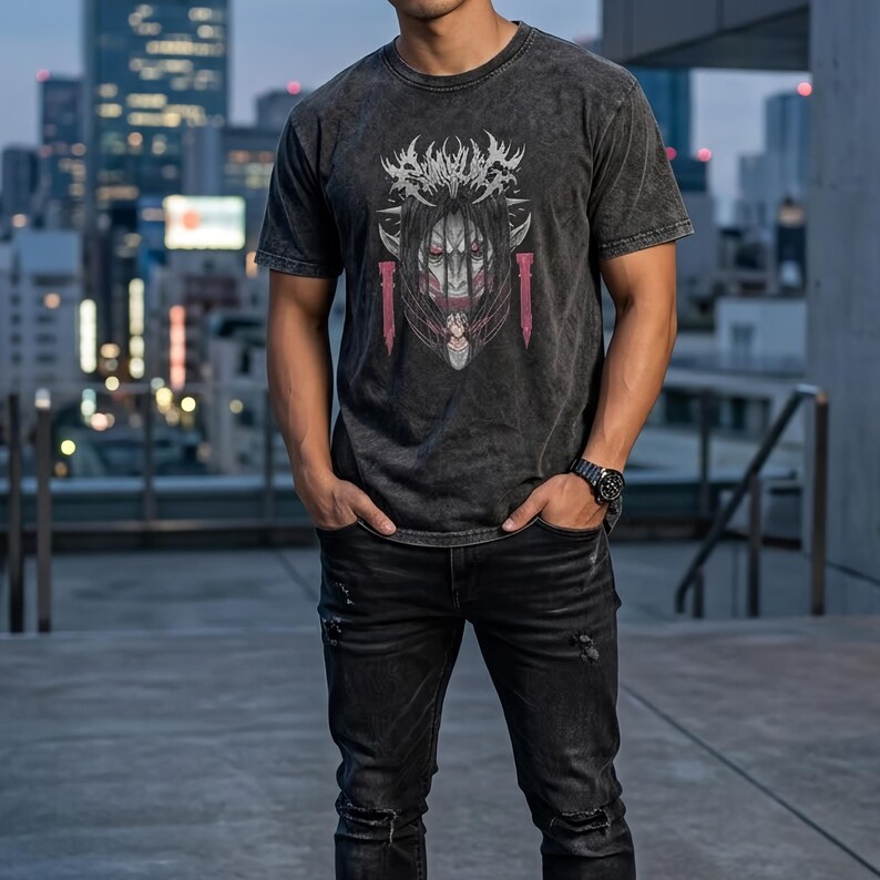 Eren Yeager acid wash t shirt featuring Attack Titan and Founding Titan Shingeki no Kyojin manga artwork printed on heavyweight vintage washed cotton anime streetwear tee.