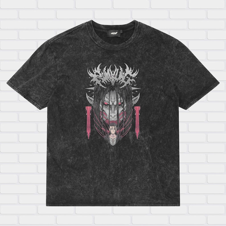 Eren Yeager acid wash t shirt featuring Attack Titan and Founding Titan Shingeki no Kyojin manga artwork printed on heavyweight vintage washed cotton anime streetwear tee.
