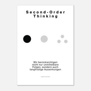 Könnte beinhalten: Ein minimalistisches weißes Poster mit dem Text "Second-Order Thinking" in Schwarz. Darunter ein schwarzer Kreis, ein grauer Kreis und drei kleinere graue Kreise. Deutscher Text ist ebenfalls vorhanden.