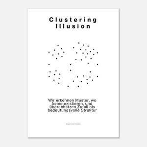 Könnte beinhalten: Ein minimalistisches weißes Poster mit dem Text "Clustering Illusion" in Schwarz. Darunter befinden sich mehrere Cluster schwarzer Punkte in scheinbar zufälliger Anordnung. Der Text ist auch auf Deutsch.