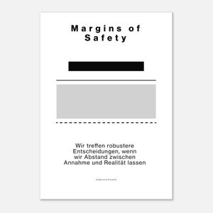 Könnte beinhalten: Ein weißes Poster mit dem Text "Margins of Safety" in Schwarz. Darunter sind ein schwarzes Rechteck, ein graues Rechteck und eine gestrichelte Linie abgebildet. Das Poster enthält auch deutschen Text und die Worte "Cognitive Visuals."