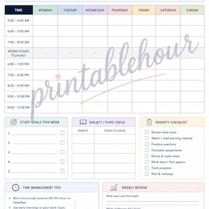 Op de afbeelding: Een wekelijks studieoverzicht voor werkende professionals met een tijdschema van 05:00 tot 23:00 uur, secties voor studiedoelen, onderwerpen, een prioriteitenlijst, tijdmanagementtips, een wekelijkse evaluatie en notities.