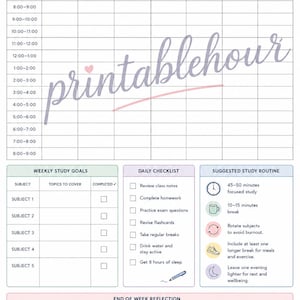 Peut inclure: Un emploi du temps d'étude A-Level imprimable comprenant une grille hebdomadaire, une section pour les objectifs d'étude, une liste de contrôle quotidienne et une routine d'étude suggérée. Le document inclut des champs pour le nom et les matières.