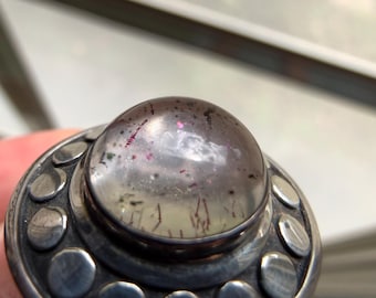 See Video! Pink Fire Quartz Cabochon With Rare Covellite Inclusions Sterling Silver Ring - B72