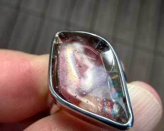 See Video! Pink Fire Quartz Cabochon With Rare Covellite Inclusions Sterling Silver Ring - B70