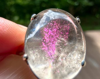 See Video! Pink Fire Quartz Cabochon With Rare Covellite Inclusions Sterling Silver Ring - B71