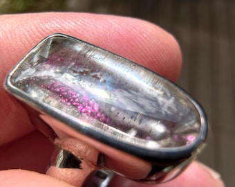 See Video! Pink Fire Quartz Cabochon With Rare Covellite Inclusions Sterling Silver Ring - B76